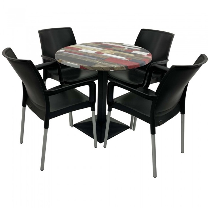 Set 4 scaune SUNSET negru cu masa rotunda 80cm Raki Redden Wood blat werzalit si baza metalica culoare negru