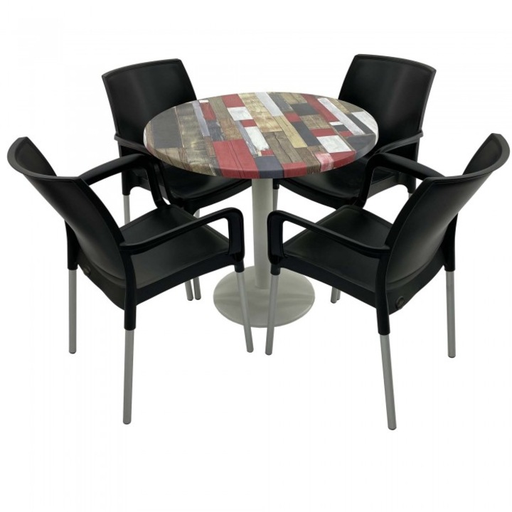 Set 4 scaune SUNSET negru cu masa rotunda 80cm Raki Redden Wood blat werzalit si baza metalica culoare alba