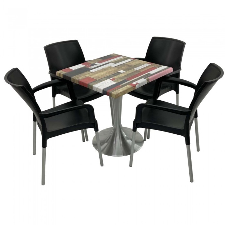 Set 4 scaune SUNSET negru cu masa patrata 80x80cm Raki Redden Wood blat werzalit si baza din aluminiu