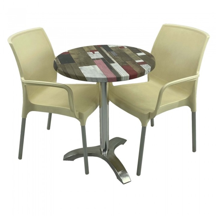 Set bistro de exterior, masa rotunda 60cm Raki Redden Wood blat werzalit si picior aluminiu,2 scaune SUNSET crem