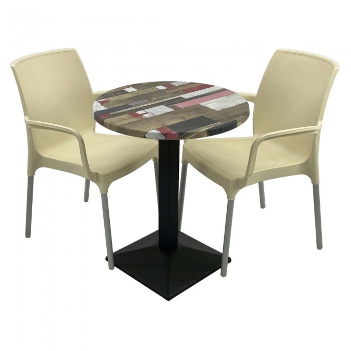 Set bistro de exterior, masa rotunda 60cm Raki Redden Wood blat werzalit si baza metalica culoare negru,2 scaune SUNSET crem