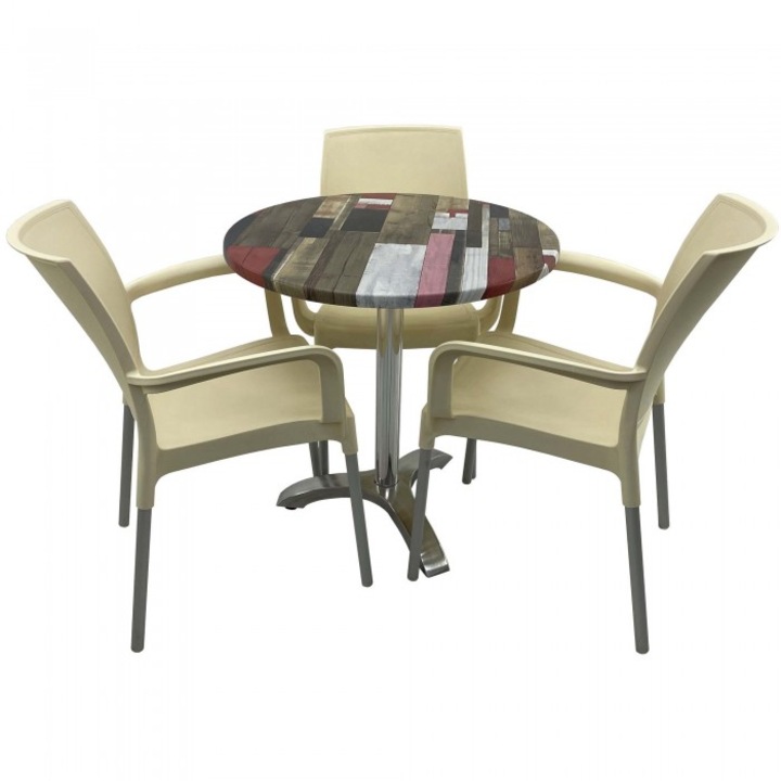 Set bistro de exterior, masa rotunda 70cm Raki Redden Wood blat werzalit si picior aluminiu,3 scaune SUNSET crem
