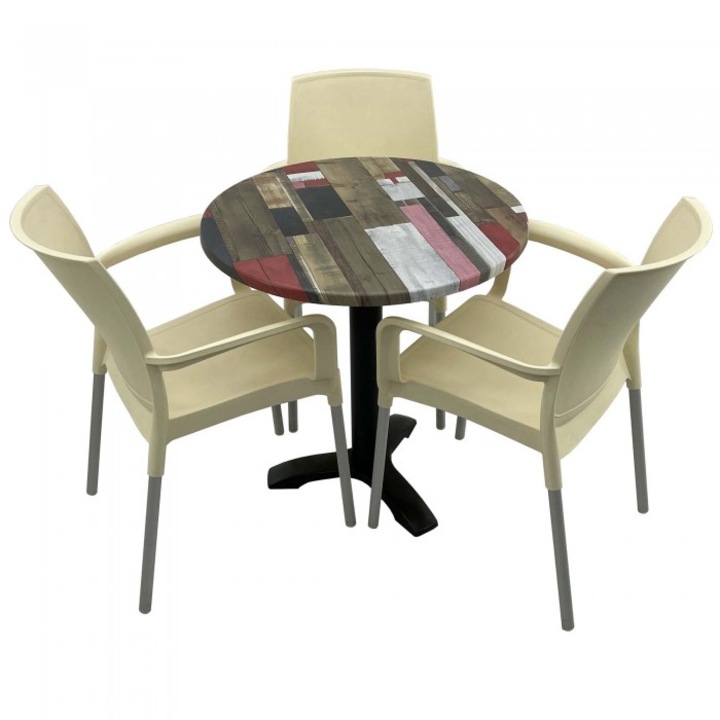 Set bistro de exterior, masa rotunda 70cm Raki Redden Wood blat werzalit si picior metalic culoare negru,3 scaune SUNSET crem