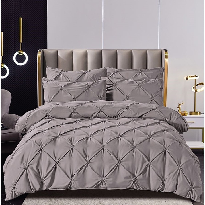 Set Lenjerie de pat, 2 Persoane, Uni cu pliuri, 6 Piese, Finet, Gri deschis, 230 x 250cm