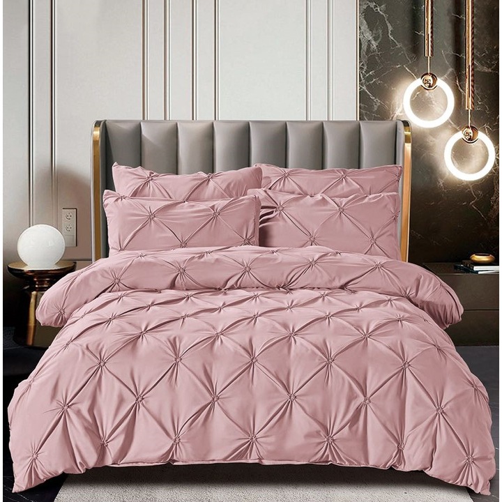 Спално бельо, 2 лица, гладко с плисета, 6 части, фино, розово, 230 x 250 см