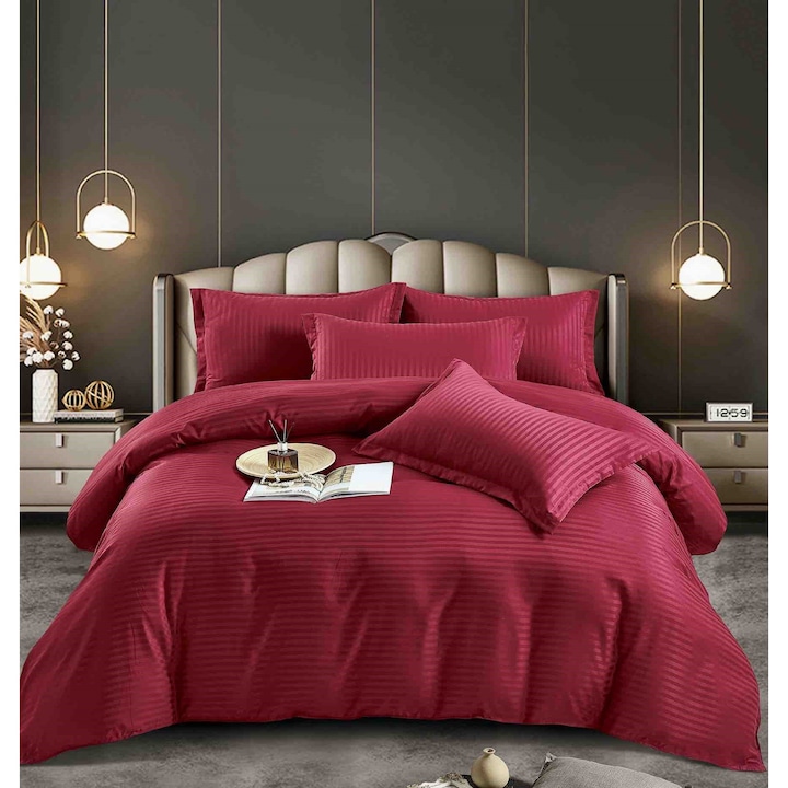 Двойно спално бельо с ластик Дамаска Finetat Deluxe Premium, 6 части, червено