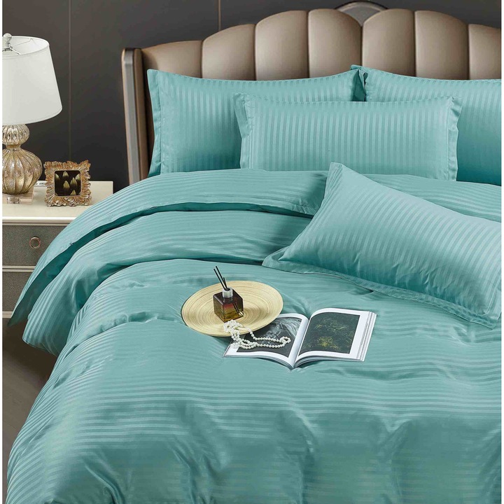 Lenjerie pat dublu cu elastic Damasc Finetat Deluxe Premium, 6 Piese, Verde menta