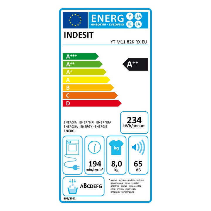 Uscator de rufe Indesit YT M11 82K RX, 8 kg, Pompa de caldura, Indicator rezervor plin, clasa A++, Alb