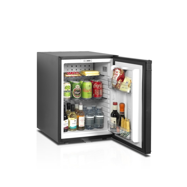 Минибар TEFCOLD, TM45C, H 56.5 см, обем 34 литра, идеален за HoReCa, офис, каравана, LED вътрешно осветление, регулируема температура 5-10°C, 2 регулируеми рафта, 2 рафта на вратата, Черен