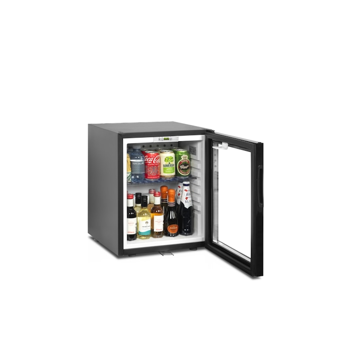 Frigider minibar TEFCOLD, TM35GC, H 50.5 cm, volum 24 litri, ideal pentru HoReCa, birou, rulota, iluminare interioara LED, temperatura reglabila 5-14°C, usa din sticla, 1 raft ajustabil, extrem de silentios, incuietoare, usa reversibila, negru