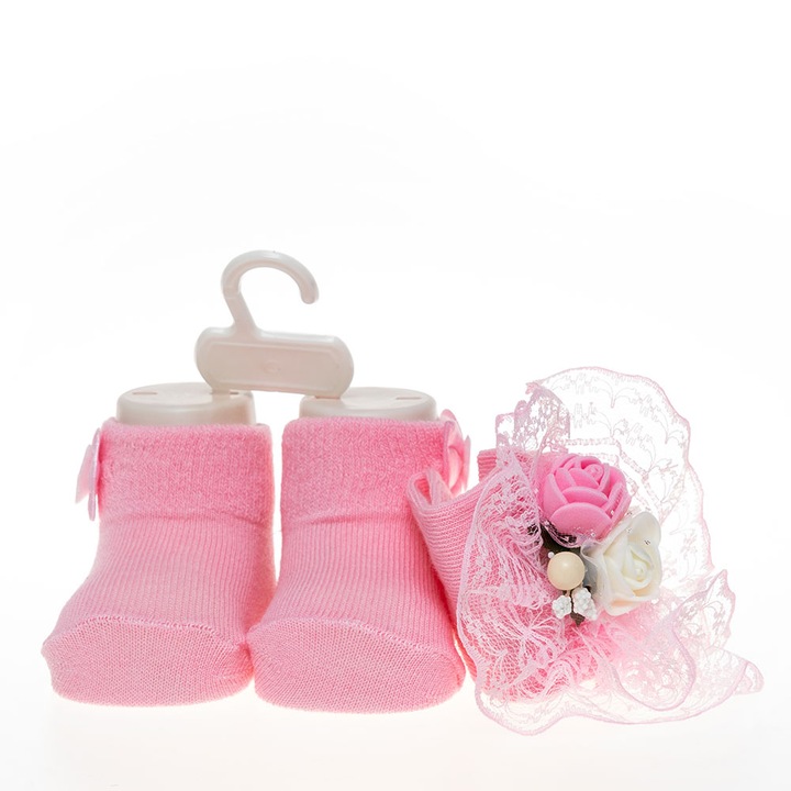 Set 2 piese bebe bentita si o pereche de sosete, Motat, roz, 0 luni