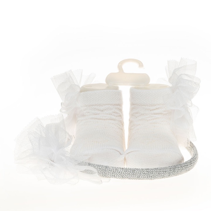 Set 2 piese bebe coronita si o pereche de sosete, Motat, alb, 0-6 luni