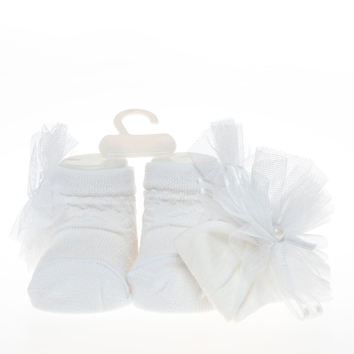 Set 2 piese bebe bentita si o pereche de sosete, Motat, model fundita, alb, 0-6 luni