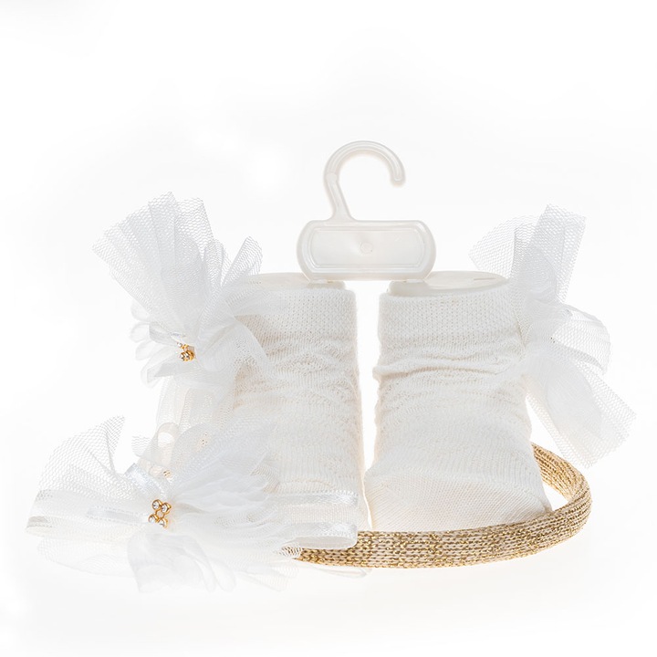 Set 2 piese bebe coronita si o pereche de sosete, Motat, ivoire, 0-6 luni