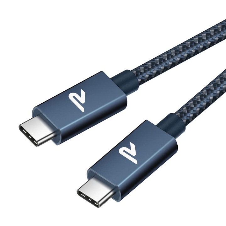 Cablu de date/incarcare, RAMPOW, USB C la USB C 100 W, Fast charge, telefon, tableta, laptop, nintendo, 1 m, albastru marin