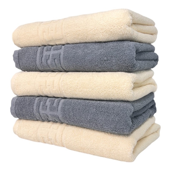 Set 5 prosoape de maini, Bumbac, Bicolor, Bordura Greceasca, 500g/m², 30x50cm, Ivoire-Gri