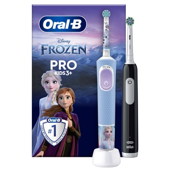 Pachet periuta de dinti electrica Oral-B Pro Kids Frozen pentru copii, Curatare 2D, 2 programe, 1 capat, albastru + Periuta de dinti electrica Oral-B Pro 1, Curatare 3D, 3 programe, 1 capat de periaj, negru