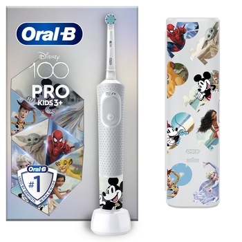 Periuta de dinti electrica pentru copii Oral-B Vitality Pro Kids Mickey 100 pentru copii, Curatare 2D, 2 programe, 1 capat, 4 autocolante, +3 ani, Alb
