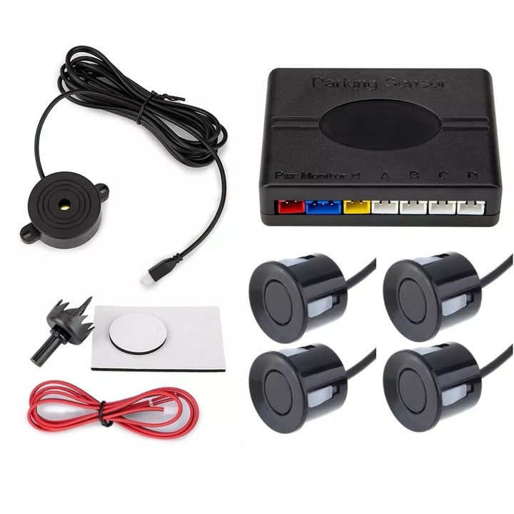 Sistem de senzori de parcare, motoLEDy, Set 4 senzori ultrasonici, universali, pentru bare fata si spate, cu avertizare sonora si unitate de control, alimentare 12V, activare automata la marsarier, diametru senzori 25mm, diametru gaura 22mm, Negru