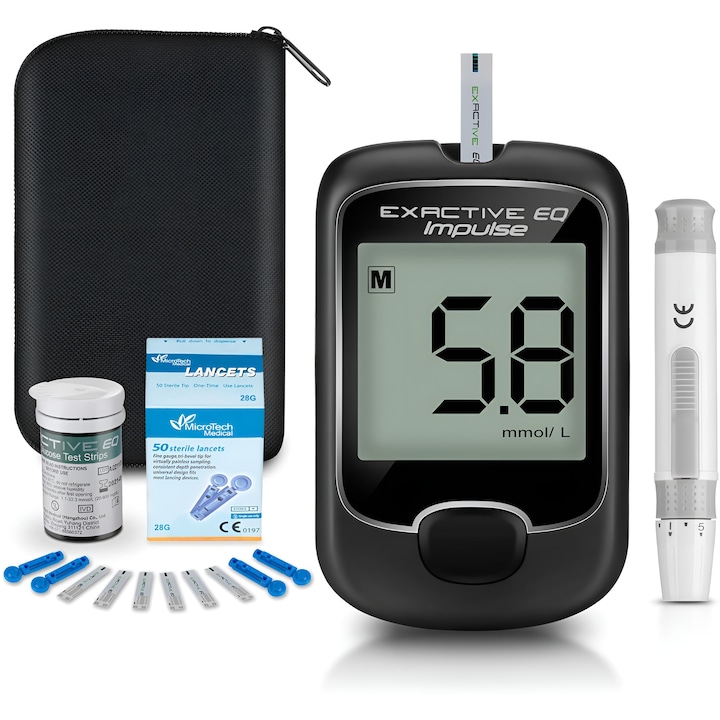 Преносим Глюкомер ZEQAS за Контрол на Кръвната Захар, Измерва Нивото на Захарта в Кръвта, Осигурява Бързи и Точни Резултати, Голям Екран за Лесно Четене, Лесен и Практичен за Употреба, Включва 50 Тест Ленти, 50 Игли и Калъф за Пренасяне, Черен