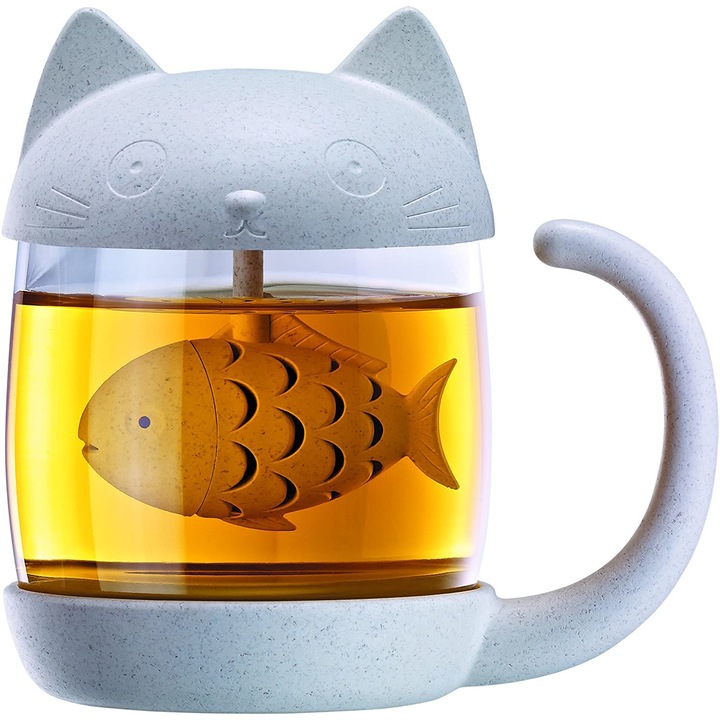 Cana cu infuzor - Cat Tea Mug, Sticla, 250 ml, Gri