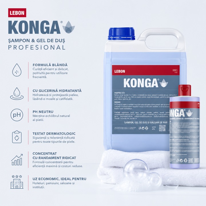 Konga Sampon Gel de Dus Profesional 5L Uz Economic pentru Hoteluri, Pensiuni, Saloane si Institutii, cu Glicerina Hidratanta, Formula Blanda pH Neutru, Testat Dermatologic, Concentrat cu Randament Ridicat, Spuma Bogata, Curatare Eficienta