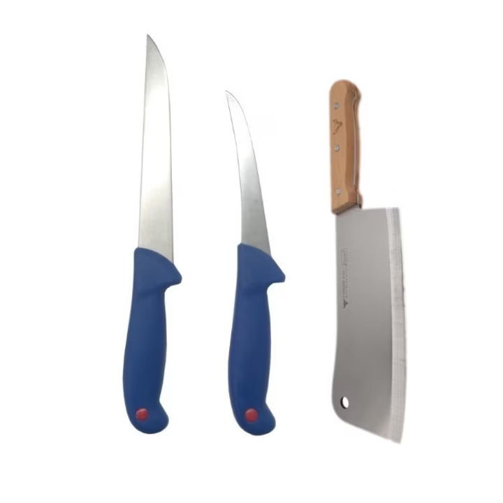 Set macelarie profesional compus din 3 piese, 2 cutite macelarie si satar, DOW