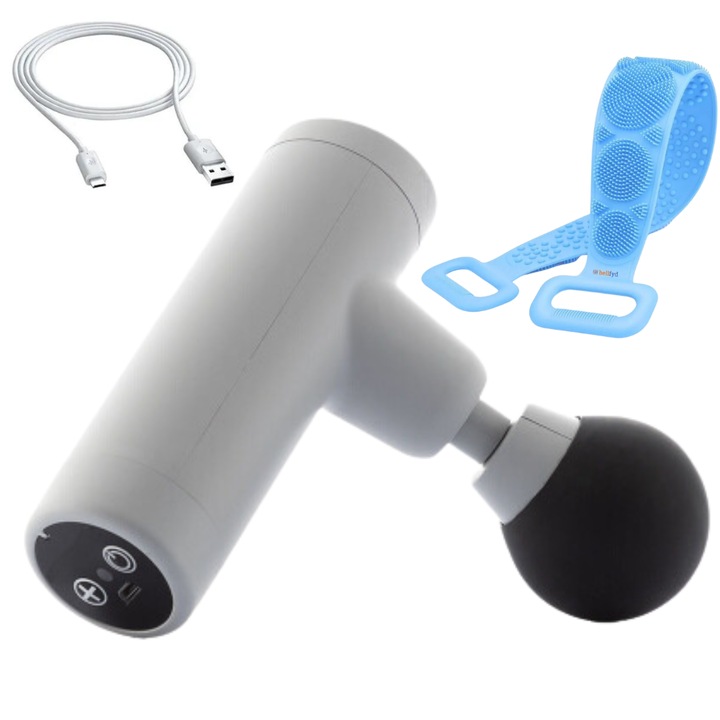 Mini Aparat de Masaj cu Vibratii BellFyd® - Portabil si Reincarcabil, cu 6 Viteze de Masaj si Cap Rotund Flexibil, Pentru Umeri, Brate, Picioare, Gat, Spate, Negru Gri, cu Perie de Silicon