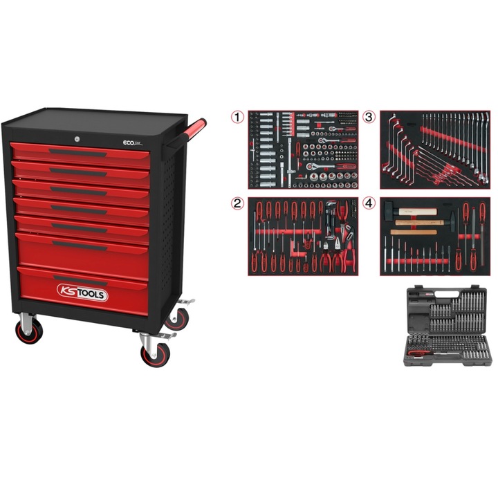 Carucior de atelier Ecoline negru/rosu 7 sertare- 515 unelte