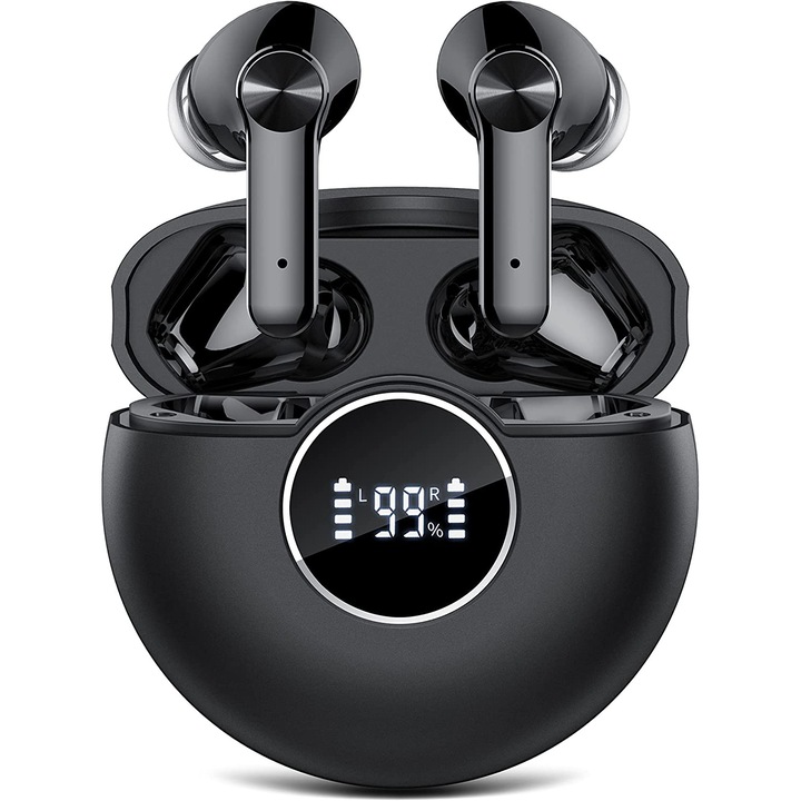 Casti Wireless Audio Xenomo® LUNA-X, fara fir, Bluetooth 5.2, Microfon HD, Tehnologie ANC-ENC, Control prin atingere, Functie Noise Cancellation, Afisaj digital, Carcasa Magnetica, Culoare Negru