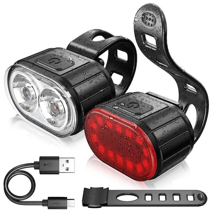 Kerékpárlámpa készlet, Fényszóró és Stop LED, Welora®, Super Bright, USB újratölthető, Különböző világítási módok, Vízálló IPX4, Fekete