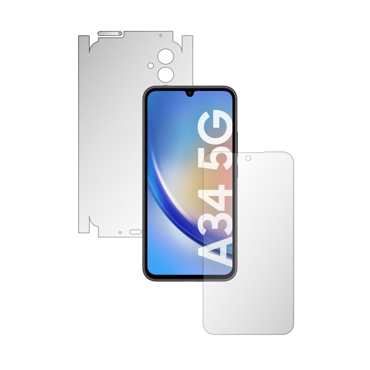 Teljes testű iSkinz önregeneráló fólia Samsung Galaxy A34 5G telefonhoz - Invisible Skinz UHD, 360 Cut, Ultra-clear szilikon védelem a képernyőhöz, hát- és oldalburkolatok, öntapadó bőr, átlátszó