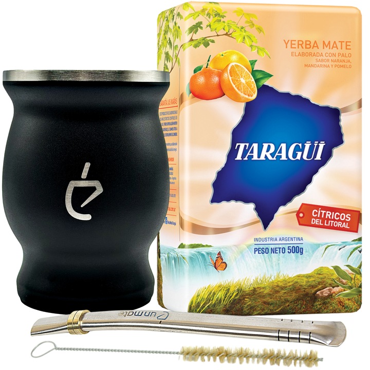 Yerba Mate teakészlet, Taragui, rozsdamentes acél, 230 ml, fekete