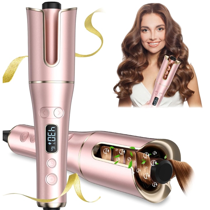 Автоматична маша MOSMAOO, Регулируема температура, 4 температурни настройки, 3 таймера, LCD дисплей, 160-220 °C, Двупосочно, Въртене на 360 градуса, Грижа за косата с керамичен слой, Интелигентна система за къдрене, Розов