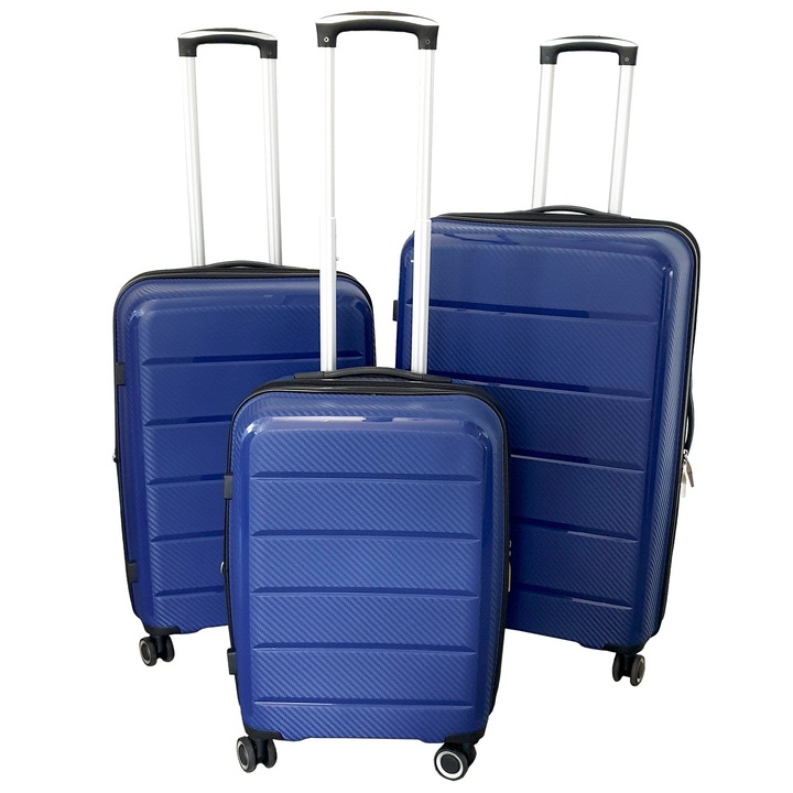 Комплект от 3 PC поликарбонатни куфара за количка, тъмносини, 4 колела, 3 размера, TRC67
