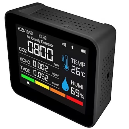 Monitor portabil masurare calitate aer 9 in 1 HASEPE®, ecran 2.8 inch, detector CO2 dioxid de carbon, TVOC compusi volatili, HCHO formaldehida, concentratie poluanti PM1.0, PM2.5, PM10, temperatura si umiditate, bluetooth, negru
