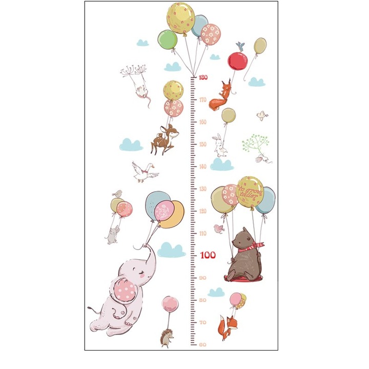Metru Sticker Autocolant, Baloane si Animale Salbatice, pentru Masurare Inaltime Copii, CBD CORAL BEST DEALS Alb 60 cm