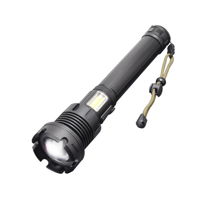 Lanterna Profesionala P100 Alainn ®, Lanterna P90 Alainn ®, Incarcare USB, 3 + 4 Moduri iluminare, Negru