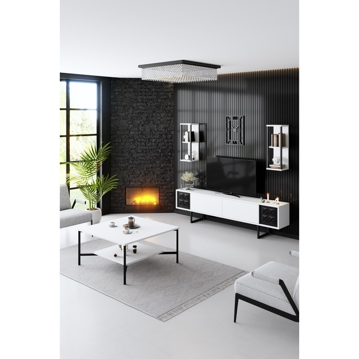 Set Mobila Living Asi Home Black Line Set, Comoda TV 180cmx48cmx30cm, Rafturi de Perete 22cmx60cmx21cm, Masuta Cafea 80cmx40cmx80 cm, Alb/Negru