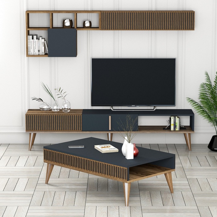 Set Mobila Living Asi Home Milan Set, Comoda TV 180cmx 40cmx35cm, Raft de Perete 180cmx48,6cmx20cm, Masuta Cafea 105cmx34,6cmx60cm, Nuc/Antracit