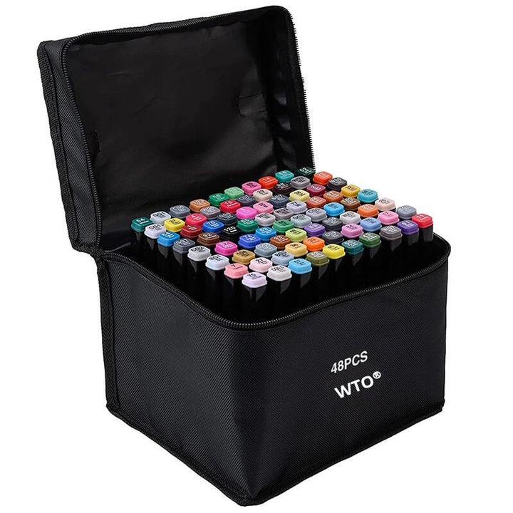 Set 48 de carioci profesionale, cu cerneala pe baza de alcool, WTO®, 2 capete subtire si gros, geanta transport, suporti sustinere carioci, multicolore