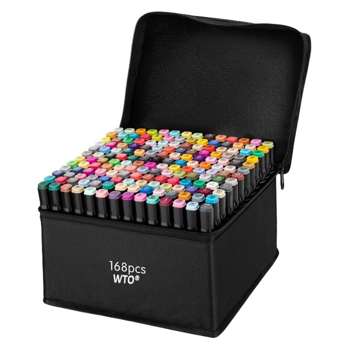 Set 168 de carioci profesionale, cu cerneala pe baza de alcool, WTO®, 2 capete subtire si gros, geanta transport, suporti sustinere carioci, multicolore