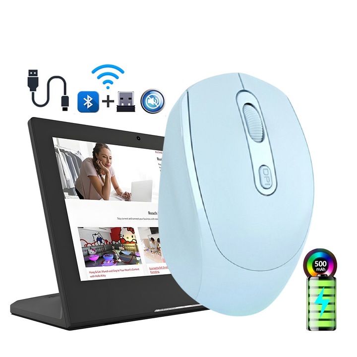 Mouse Wireless Fbirddek® 256 Bluetooth 5.2 si 2.4GHZ, Receptor USB, Mut, 4 Butoane, Reglabil 1000/1200/1600DPI, Ergonomic, Pentru laptop PC Mac, 500mAh, Albastru deschis