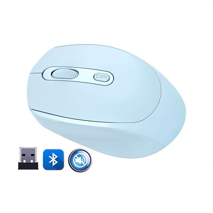 Fbirddek® Wireless 256 Vezeték nélküli egér, Bluetooth 5.2 és 2.4GHZ, USB vevő, Néma, 4 gomb, Állítható 1000/1200/1600DPI, Ergonomikus, PC/Mac/laptop, 500mAh, Világoskék
