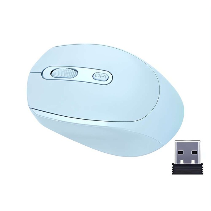Mouse Wireless Fbirddek® 256 Bluetooth 5.2 si 2.4GHZ, Receptor USB, Mut, 4 Butoane, Reglabil 1000/1200/1600DPI, Ergonomic, Pentru laptop PC Mac, 500mAh, Albastru deschis