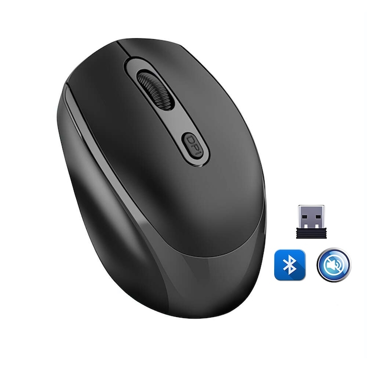 Мишка Wireless Fbirddek® 256 Bluetooth 5.2 и 2.4 GHz, USB приемник, Безшумна, 4 бутона, Регулируема бързина 1000/1200/1600 DPI, Ергономична, Съвместима с Windows и Mac, 500 mAh, Черен