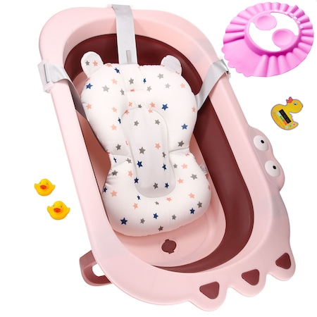Cadita bebelusi pliabila cu pernuta SmartViBE®, 0-36 luni, dop scurgere, 2 ratuste si casca protectie incluse, cu perna din material hipoalergenic, termometru, lavabil cu uscare rapida, picioruse antiderapante, design Ergonomic, Roz Blush