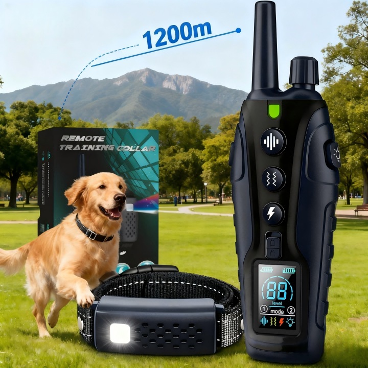 Zgarda Electrica pentru Dresaj Caini, MOSMAOO®, Functia de afisare a puterii duble a telecomenzii si a receptorului, Raza Actiune 1200m, Reincarcabila, IPX7 - Rezistenta la Apa si Praf, Power Saving, Circumferinta pana la 85cm, Pretabil Vanatoare, Negru