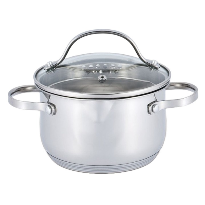 Oala cu margine si gauri pentru lichid Voltz V51210D22, 22 cm, 4,7 L, Inductie, Inox