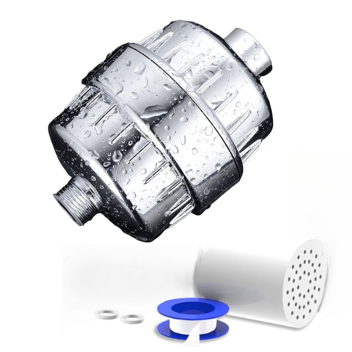 Filtru de apa premium pentru dus cu 25 stagii de filtrare, infuzie de minerale si Vitamina C, elimina Clorul, metalele grele, impuritatile si mirosurile neplacute, purificator de apa, anticalcar, usor de instalat, 6000 litri/zi, 2 filtre incluse
